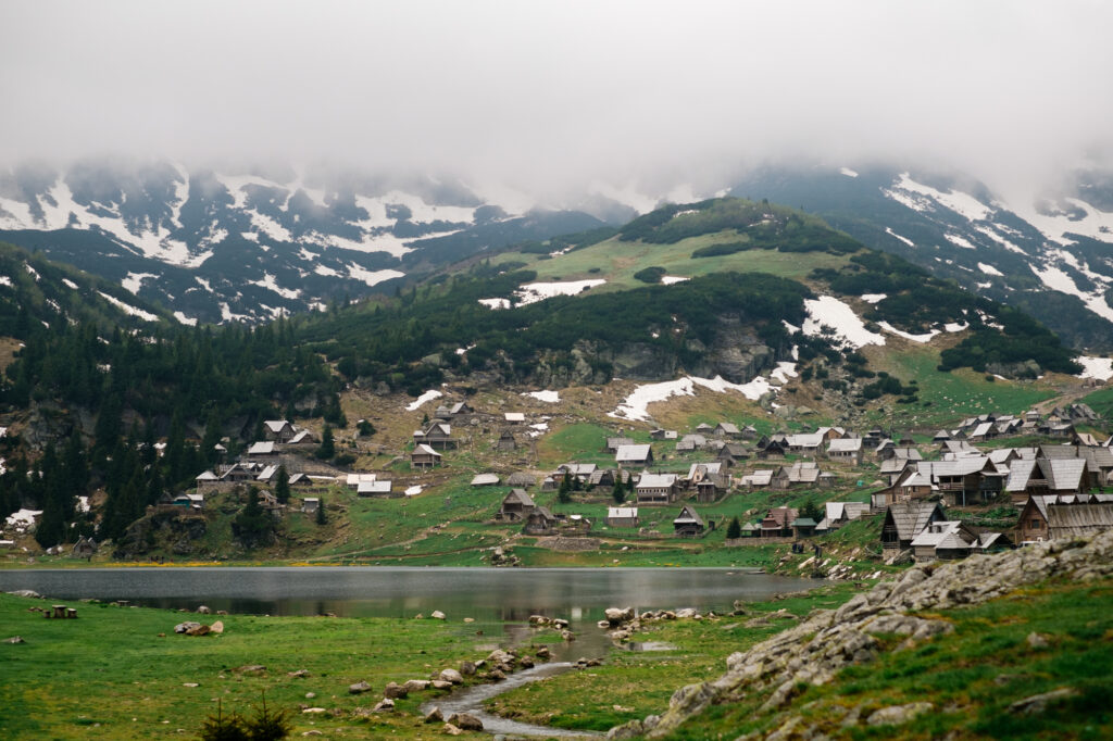 Prokoško Lake, village on a mountain top, snow, cold, calm