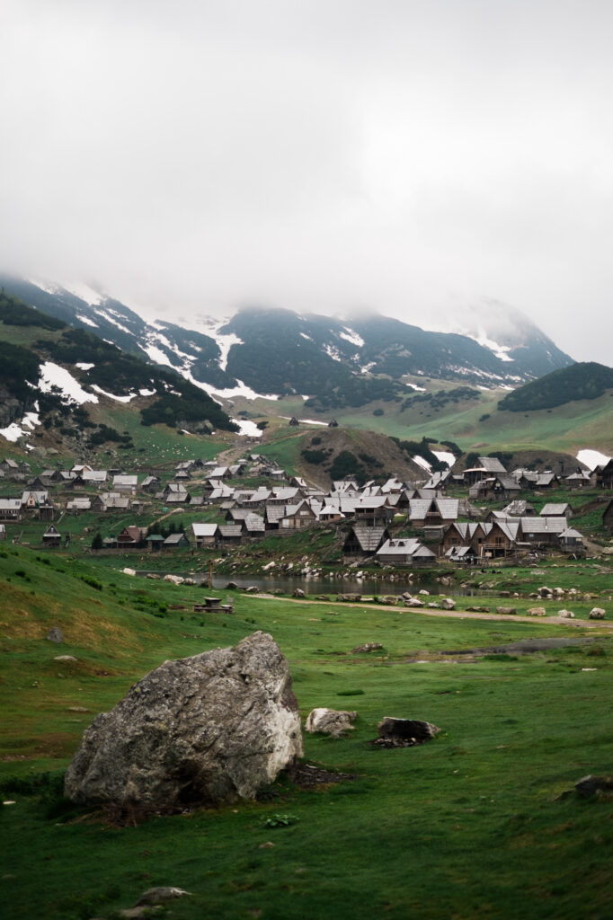Prokoško Lake, village on a mountain top, snow, cold, calm
