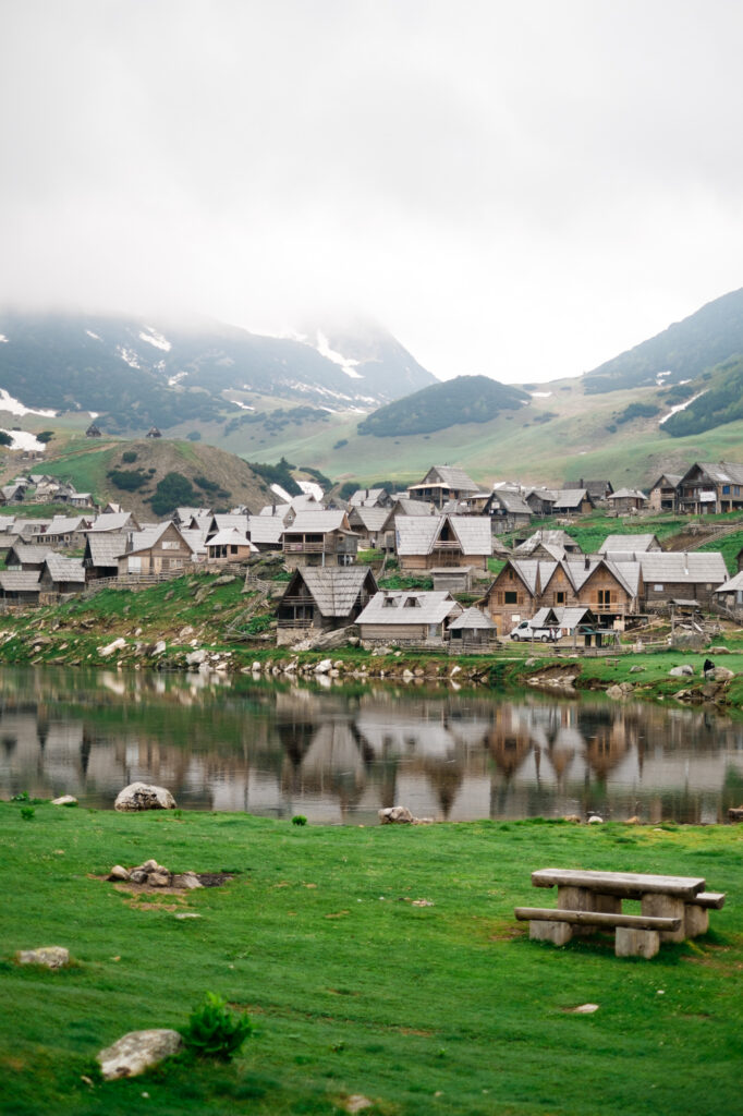 Prokoško Lake, village on a mountain top, snow, cold, calm