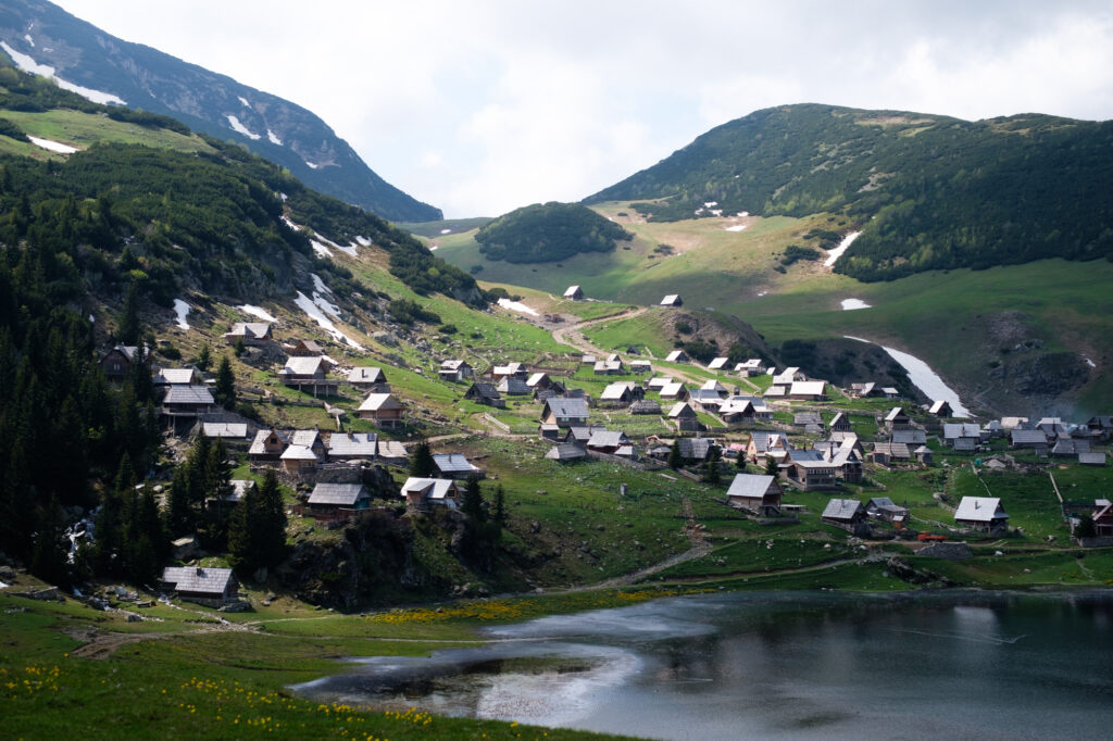 Prokoško Lake, village on a mountain top, snow, cold, calm