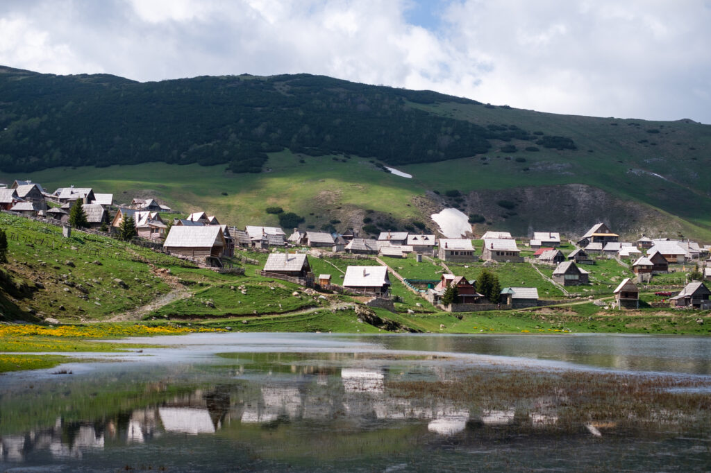 Prokoško Lake, village on a mountain top, snow, cold, calm