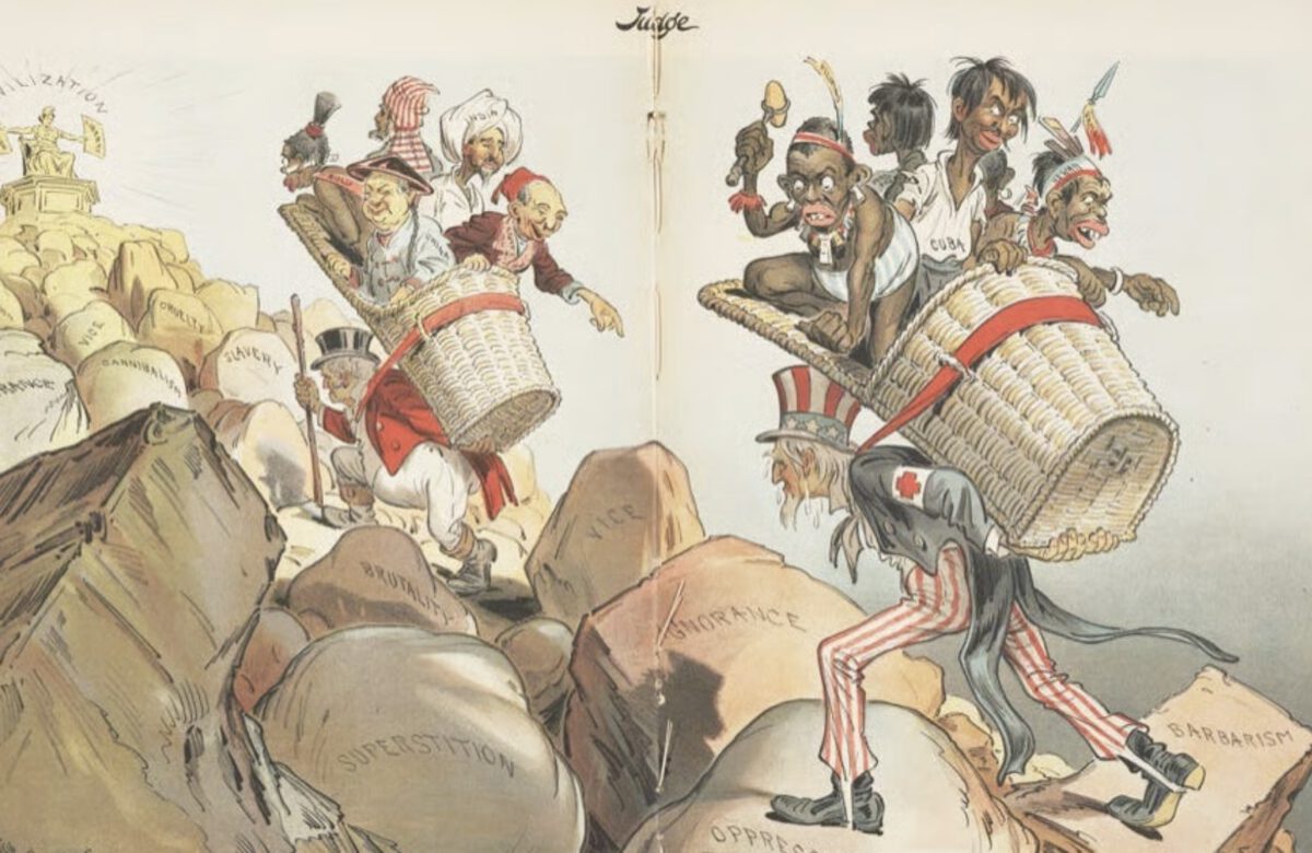 The editorial cartoon "'The White Man's Burden' (Apologies to Rudyard Kipling)" shows John Bull (Britain) and Uncle Sam (U.S.) delivering the world's people of colour to civilisation (Victor Gillam, Judge magazine, 1 April 1899). The people in the basket carried by Uncle Sam are labelled Cuba, Hawaii, Samoa, "Porto Rico", and the Philippines, while the people in the basket carried by John Bull are labelled Zulu, China, India, "Soudan", and Egypt.