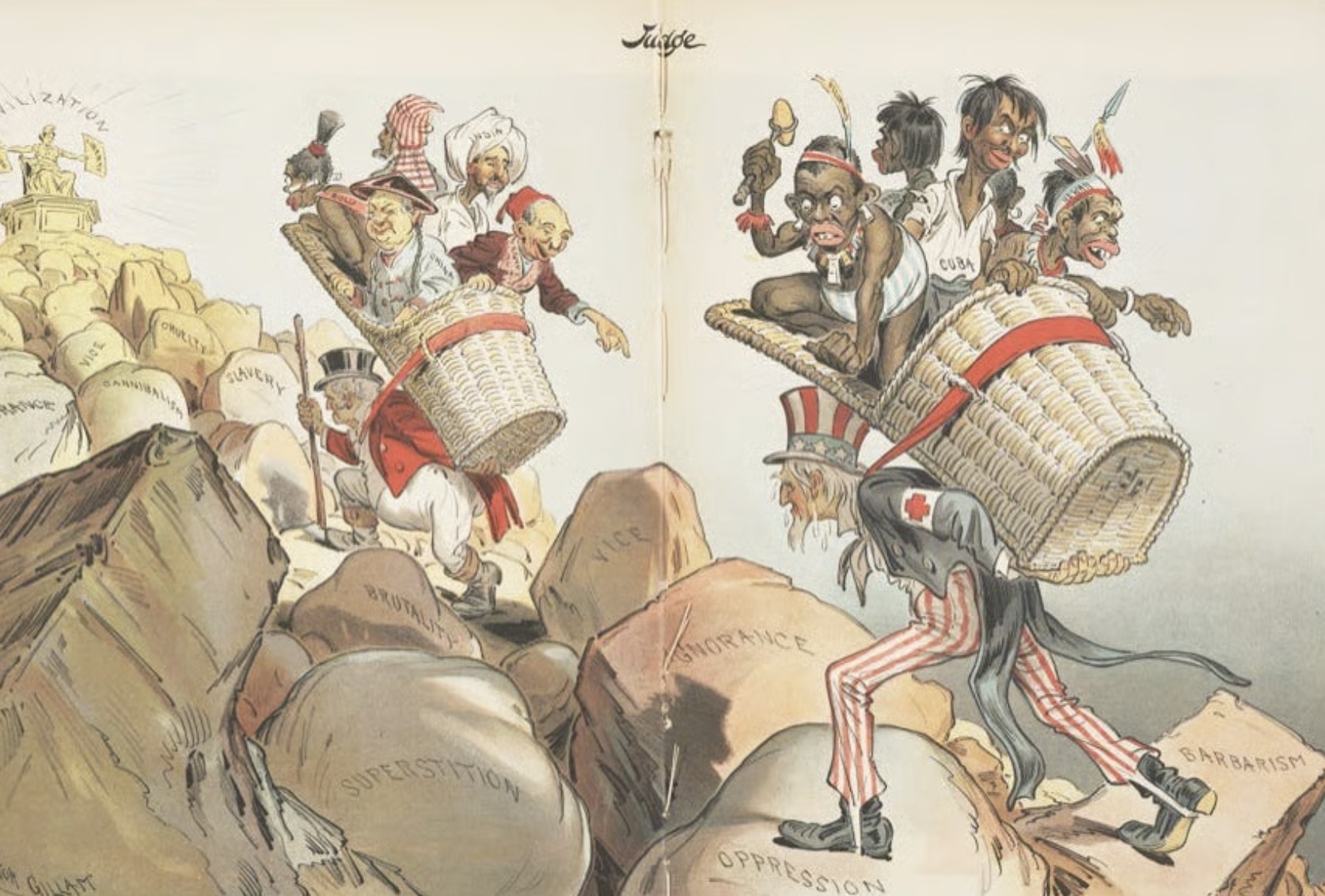 The editorial cartoon "'The White Man's Burden' (Apologies to Rudyard Kipling)" shows John Bull (Britain) and Uncle Sam (U.S.) delivering the world's people of colour to civilisation (Victor Gillam, Judge magazine, 1 April 1899). The people in the basket carried by Uncle Sam are labelled Cuba, Hawaii, Samoa, "Porto Rico", and the Philippines, while the people in the basket carried by John Bull are labelled Zulu, China, India, "Soudan", and Egypt.