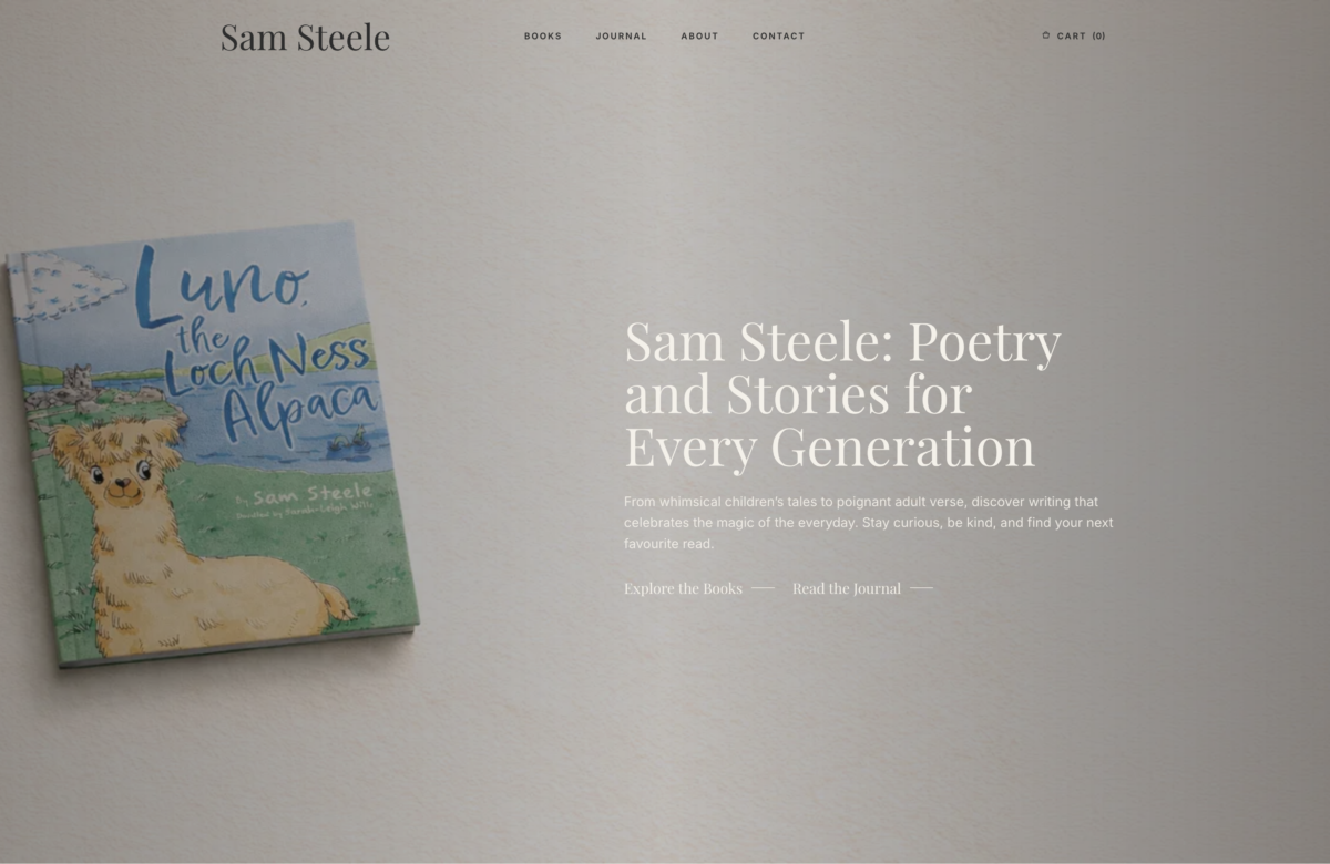 Minimalist homepage for author Sam Steele featuring clean typography and an illustrated book cover.