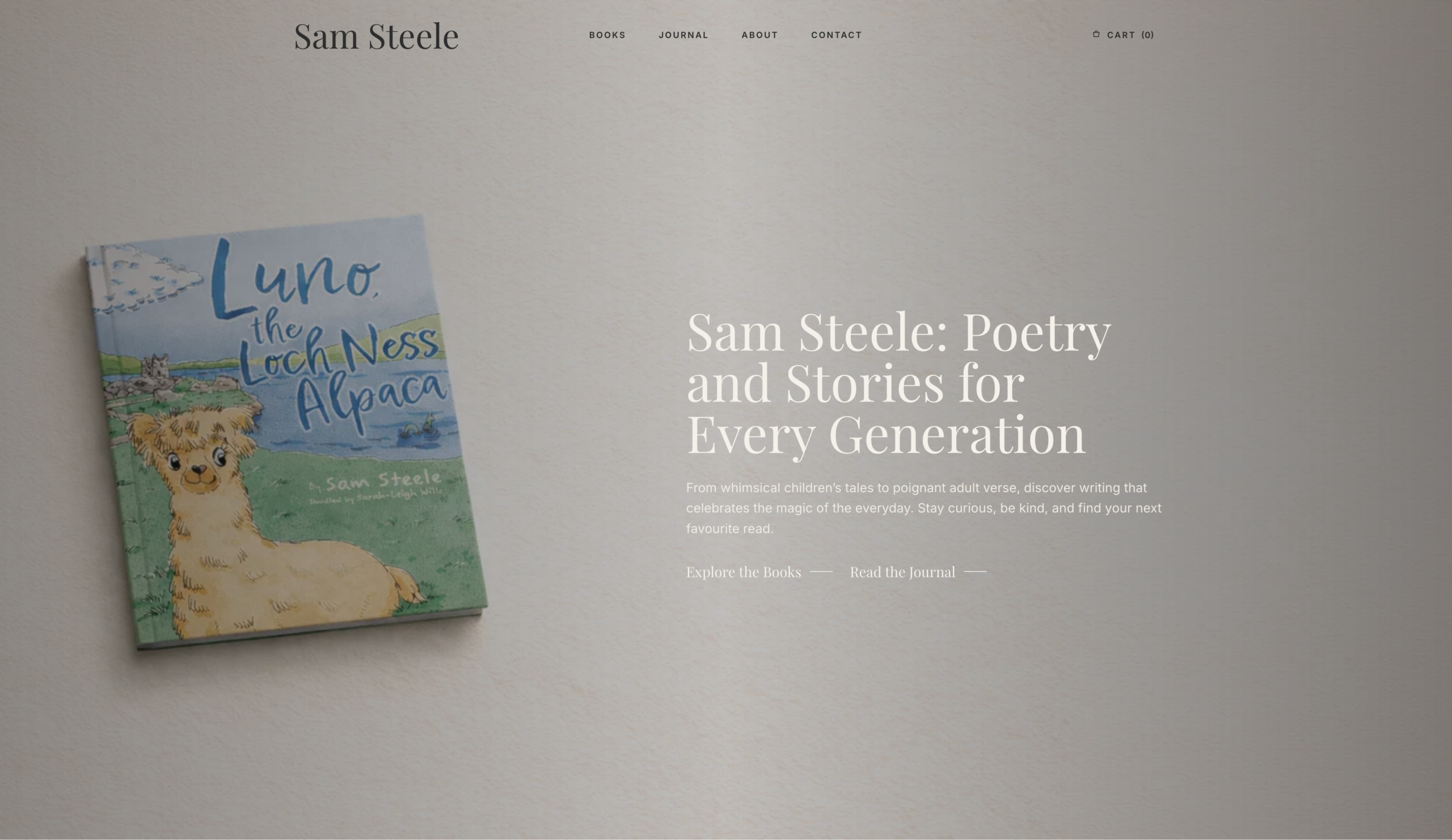Minimalist homepage for author Sam Steele featuring clean typography and an illustrated book cover.