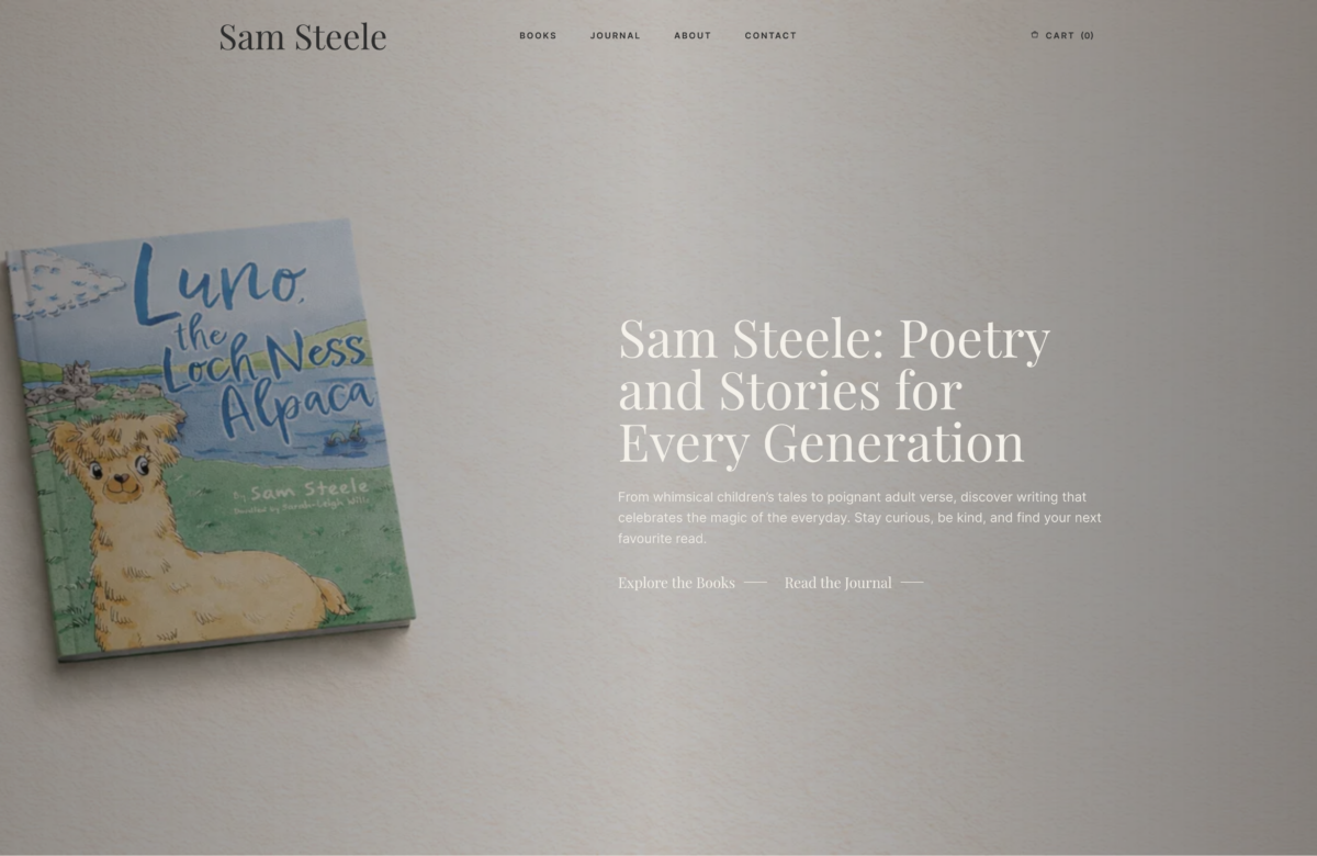 A premium editorial website design for Sam Steele by Mohammed Ismail, showcasing bespoke development with a focus on sophisticated typography and parchment textures.