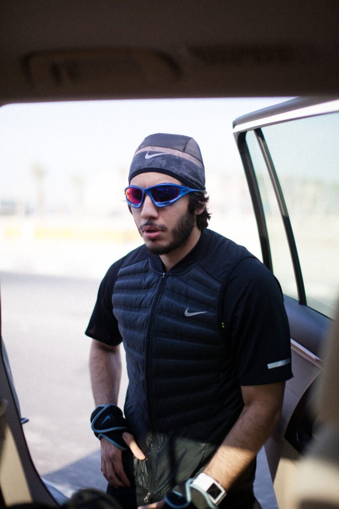 Fahad Khalid Al-Thani getting ready to go on an early morning run in Doha, Qatar, during a commercial brand shoot.